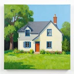 a painting of a beautiful cottage, with a lush grass lawn, featuring a tree in the style of pop art
