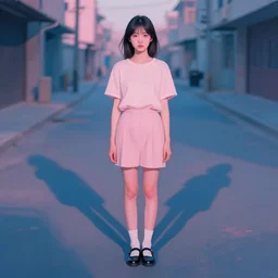 portrait of a beautiful girl, standing in an empty street, hard shadows, shades of pink and blue, by ruan jia, by john chamberlain