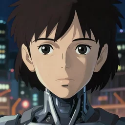 a film portrait of a cyborg woman!! finely detailed features, closeup at the face, sharp focus, perfect art, night city background, cinematic lighting, highly detailed, intricate, anime!! artstation, trending on pixiv fanbox, painted by greg rutkowski, makoto shinkai takashi takeuchi studio ghibli, yoji shinkawa, hayao miyazaki,