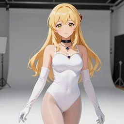 Worksafe. Pixiv Illustration, close-up elegant blonde princess posing in empty photo studio, wearing white leotard, jewelry, white elbow gloves, choker, pantyhose tights. anime style at Pixiv, Danbooru and ArtStation, by krenz cushart, makoto shinkai, tony taka, ilya kuvshinov, shirow masamune, extremely detailed, 8K HD, clean image, high quality