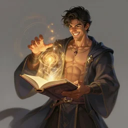 character concept portrait of happy Avan Jogia as a wizard enchanting a spell, a floating spell book in the center, muscular, abs, robes, elegant, digital painting, concept art, smooth, sharp focus, illustration, from Metal Gear, by Ruan Jia and Mandy Jurgens and William-Adolphe Bouguereau, Artgerm