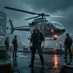 Cyberpunk terrace, standing Neo in front of flying helicopter, heavy rainy weather. People observing. Dramatic, Cinematic, ArtStation, realistic photograph, ambient, dark shades of colors, Unreal Engine 5, rendered by Octane.