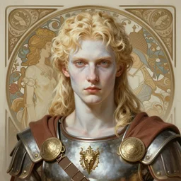 pale blond androgynous Roman solider, germanic features extremely pale white skin, historical, intricate, elegant, highly detailed, digital painting, artstation, concept art, matte, sharp focus, illustration, art by Artgerm and Greg Rutkowski and Alphonse Mucha, 4K
