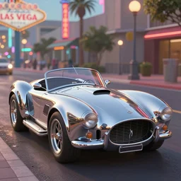 a wholesome animation key shot of!! one!! focused!! ac cobra!! in shiny reflective stainless steel, in a las vegas street, medium shot, studio ghibli, pixar and disney animation, sharp, very detailed, high resolution, rendered in unreal engine 5, anime key art by greg rutkowski, bloom, dramatic lighting