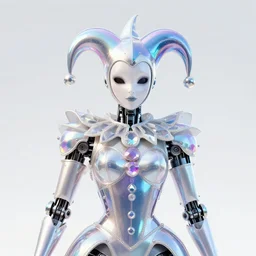 front shot of a court jester!!!! character, polished, glossy, holographic crystals, bionic futurism, robotic cyborg, polygonal shards, 8 5 mm f 1. 8, ominous elegant ( ( intricate ) ) highly detailed concept artstation sharp focus ray tracing cinematic masterpiece fine portrait, by artgerm greg rutkowski tooth wu beeple