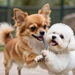a photorealistic closeup image of a cute brown colored long haired chihuahua cocker spaniel dog playing with a happy white bichon frise dog at the zoo. brightly lit. extreme detail. 4 k hd unreal engine
