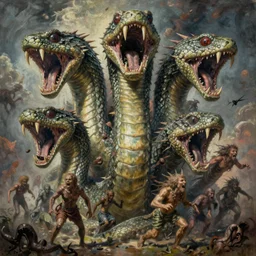hyper - detailed high painting of giant heads joined by snakes, the heads are open they have spiked scales and sharp teeth, the mouth is open and monstrous beings of all kinds run and scream, horror surreal art cosmic horror weird bizarre art psycho visions