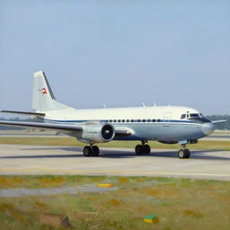 View through an African airport of a Lockheed L-188 Electra parked on the runway, painting, norman rockwell artwork style