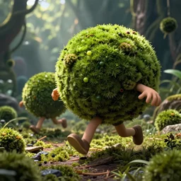 marimo moss balls with hands and legs running around, fantasy background, unreal engine, high detail, concept art