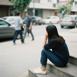 bored girl sitting on her front steps watching the world go by, everything in the photo, cars, pedestrians is a blur except the girl sitting on her steps, who is in sharp focus