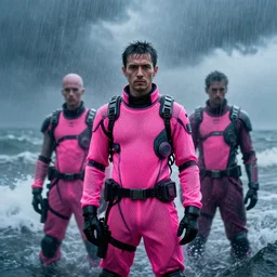 cinestill hasselblad candid award winning press portrait by robert capas of cyberpunks wearing rugged neon pink mesh techwear in treacherous waters, hurricane, wideangle, extreme motion blur, modern cyberpunk moody depressing cinematic, pouring rain, 8 k, hd, high resolution, 3 5 mm, f / 3 2, ultra realistic faces, ex machina