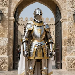 man in decorated with gold in baroque style 15 century christian crusader armor, helmet hiding his face and white cape standing at the gates of jerusalem drawn by greg rutkowski realistic high detail