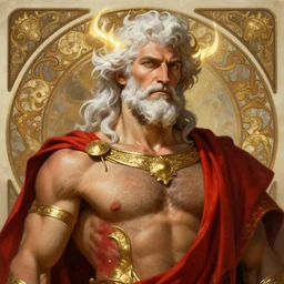 painted portrait of rugged zeus, god of thunder, greek god, white hair, masculine, mature, ruggedly handsome, upper body, red and gold, muscular, hairy torso, fantasy, intricate, elegant, highly detailed, digital painting, artstation, concept art, smooth, sharp focus, illustration, art by gaston bussiere and alphonse mucha