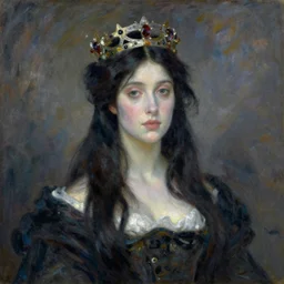 portrait of a tall beautiful woman with pale skin very black hair and a crown on her head, art by claude monet,