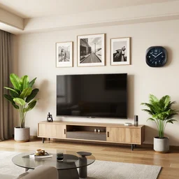 a 5 0 meter living room with big television and two plants and pictures on the wall and wall watch unrealengine
