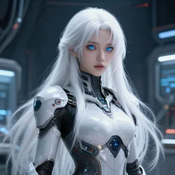 perfect android girl, warframe armor, beautiful face, scifi, futuristic, space station, laboratory, kwak ji young, dreamy, long white hair, blue cyborg eyes, cinematic lighting, innocent, highly detailed, sharp focus, smooth, artstation, perfect, intricate, award winning, pure aura, divine, by akihiko yoshida