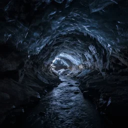 dark ice cave with low ceiling and narrow rough river running through it, surreal,