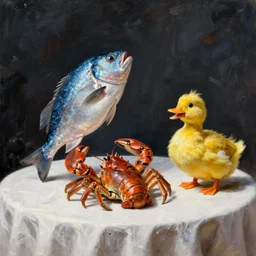 still life painting of a blue fat fish crab lobster dancing on a white table with a yellow laughing duck rabbit on a white table, high contrast lighting, impressionism, real fur, real feather