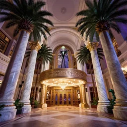 curled perspective digital art of casino entrance with marble columns and palmtrees by anton fadeev from nightmare before christmas