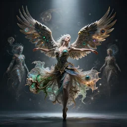 dancing eagle woman, celestial entities made of nature fractals, celestials on pinterest, spotlight, cinematic, artstation, intricate details, hyperrealistic, redshift render, 4 k detail post processing