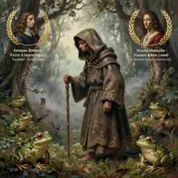 detailed sharp focus, goblincore forest, mist, detailed frogs, figure in the robe with a hood, with a walking cane, artwork by Victor Adame Minguez + Yuumei + Tom Lovell + Sandro Botticelli,