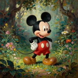 mickey mouse entering the garden of eden, detailed oil painting by jan matejko