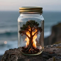 glass jar with a burning tree inside, standing on a cliff, bokeh, ocean in the background, brass lid, dramatic lighting, hyperrealistic, highly detailed, intricate, sharp focus