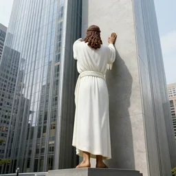 tall, full body jesus is knocking on the skyscraper of the united nations secreteriat, realistic