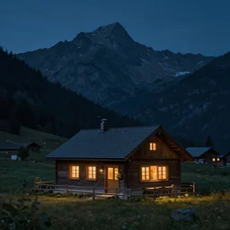 matte painting of a little inn at the foot of a mountain at night