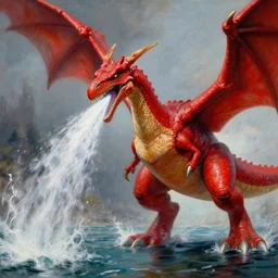 detailed wide shot red gyrados in water shooting hyperbeam from fanged mouth angry intricate, hyper detailed, realistic, oil painting, by julie bell, frank frazetta, cinematic lighting