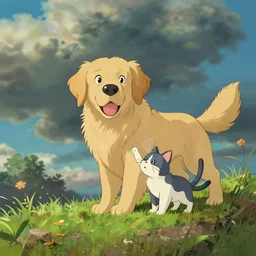 a wholesome animation key shot of a golden retriever and a cat playing on a hill, medium shot, studio ghibli, pixar and disney animation, sharp, rendered in unreal engine 5, anime key art by greg rutkowski, bloom, dramatic lighting