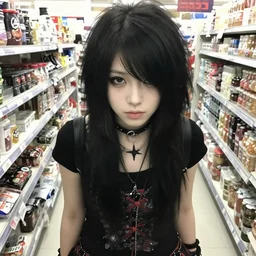 poor quality digital photo of a goth emo girl at tesco, 2 0 0 7
