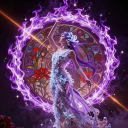 she dreams of arcs of purple flame intertwined with glowing sparks, glinting particles of ice, dramatic lighting, steampunk, bright neon, secret holographic cyphers, red flowers, solar flares, high contrast, smooth, sharp focus, art nouveau, intricate art by artgerm and Alphonse Mucha