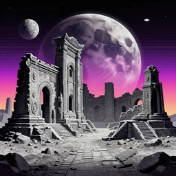 ancient ruins on the moon, retrowave epic art, trending on art station