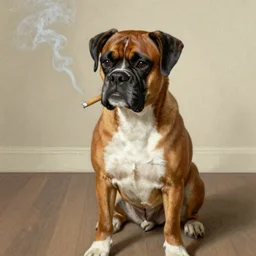 a boxer dog smokes a cigar, in the style of Cassius Marcellus Coolidge