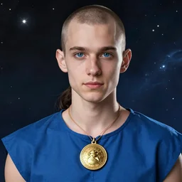 beautiful portrait of a incredibly handsome young male wearing a simple blue tunic, and a gold medallion!! around neck, detailed deep blue eyes, elongated face, shaved!!, round nose, dark brown hair, in ponytail!!!, space background, trending on artstation, sharp focus, illustration, caustics, octane render, 4 k, radiant light, art by wlop and artgerm, steampunk fiction