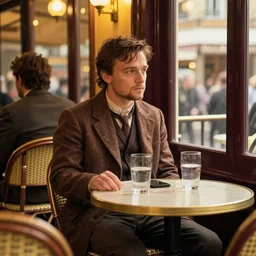 ewan mcgregor is sitting at table in a cafe at paris in early 2 0 th century. atmospheric feeling, warm colours, brown colours, yellow colours, epic scene, cinematic, very detailed
