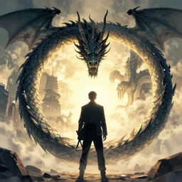 dragon circling around a man, digital art