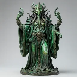 a greek sculpture of cthulhu,, intricate details, high quality, long green luxurious robe, dark hair, horrifying face, symmetry, artstation