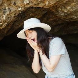girl with a white hat in cave panting