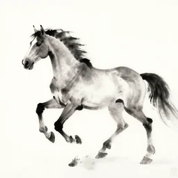 bautiful serene horse, healing through motion, minimalistic ink aribrush painting on white background