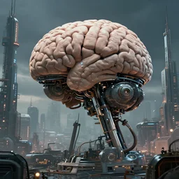 cult of technology, exterior, scifi, machines, artificial intelligence, ultra realistic, highly detailed, brain in a vat!!, futuristic landscape, industrial, city, atmosphere, highlighted, cinematic, art by jan urschel and neil blevins