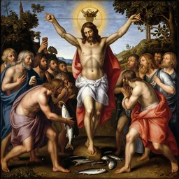 Jesus Christ making the miracle of changing bread into fish!!!!! at the wedding of Canaan, I'm the style of El Greco, late Renaissance, hyper realistic, hyper detailed, trending on artstation