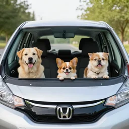 dogs and cats riding in a honda fit