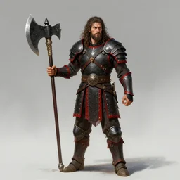 Heroic barbarian warrior, one great-axe in each hand, black and red armor, plate, long curly hair, unkempt beard, young, male, justice, high fantasy, main character, matte painting, trending in artstation, artstationHD, artstationHQ, cgsociety