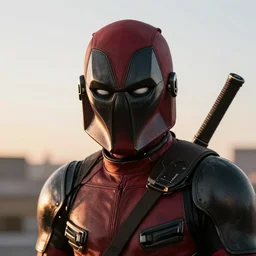 deadpool version of a mandalorian helmet, futuristic, late afternoon light, by greg rutkowski and ruan jia
