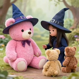 a pink teddy bear witch teaching younger teddy bears