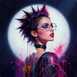 a punk girl wearing circular glasses, wearing a choker, side portrait, defiant, passionate, spotlight, paint drips, glitching paint splatter, vibrant colors, dramatic, canvas texture, futuristic clothing, digital painting by marco paludet, by jeremy mann