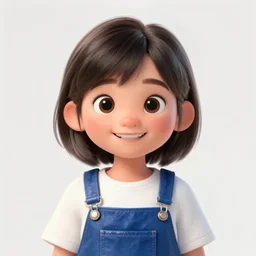 a painting of cute Asian girl smiling, Polyethylene overalls, in the style of Pixar animation, low angle view, 16mm lens, award winning, hyper detailed, dramatic lighting, artstation, octane renderer, unreal engine