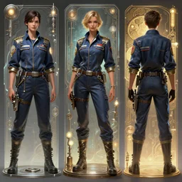 a digital three - view concept art by artgerm and greg rutkowski and alphonse mucha. full body!! t pose!! clear portrait of a lonely attractive machinist in uniform!! future factory, sci - fi repair tools, light effect. hyper detailed, character concept, glowing lights!! intricate, elegant, digital painting, artstation, smooth, sharp focus